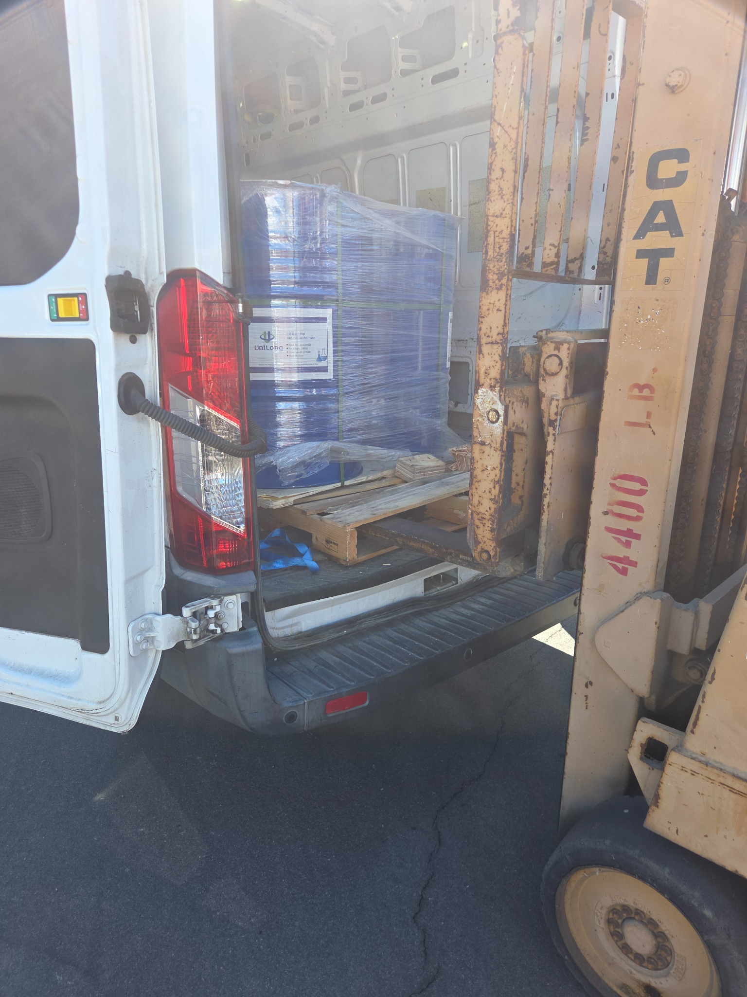 Industrial drum pallet loaded into Goldmark cargo van